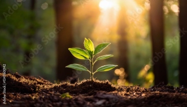 Fototapeta green plant grows in sunlight by soil bright sunlight illuminates a small green plant emerging from rich soil in a tranquil forest setting