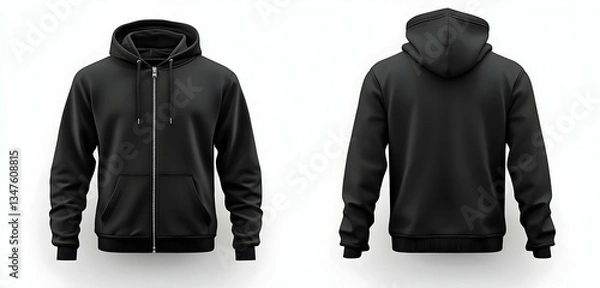 Fototapeta A stylish black zipper hoodie mockup, shown in both front and back views with a clean white background. 40k, , high resolution