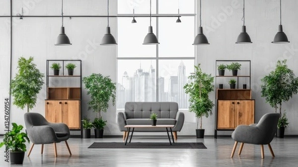 Fototapeta Modern industrial loft living room with city view