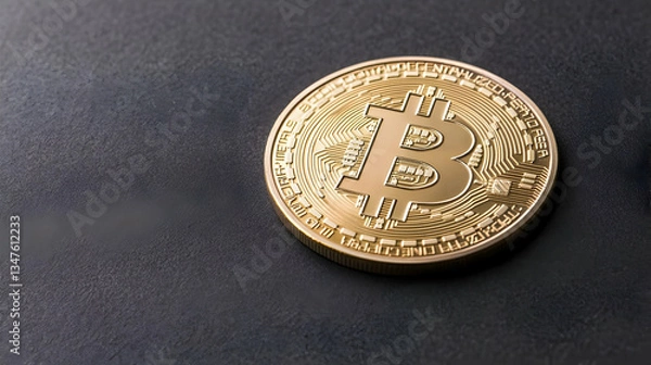 Fototapeta Golden Bitcoin Coin on Textured Dark Background Illustrating Digital Currency and Financial Investment