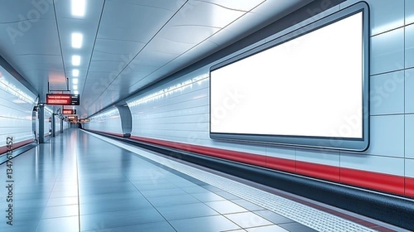 Fototapeta A futuristic LED advertising screen with a blank display, mounted on a modern metro station wall with sleek architecture and bright white lighting.
