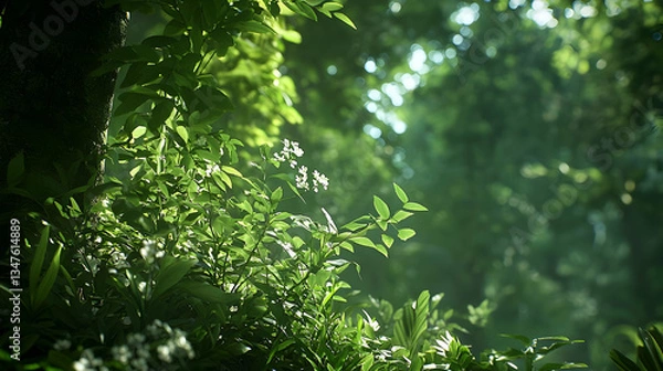 Fototapeta Lush Green Forest Canopy Illuminated By Bright Sunlight Through Dense Tree Branches