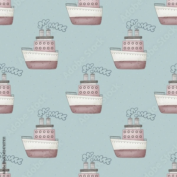 Obraz seamless pattern with cartoon ships, decor elements. Colorful illustration flat style for kids. hand drawing. baby design for fabric, print, wrapper, textile