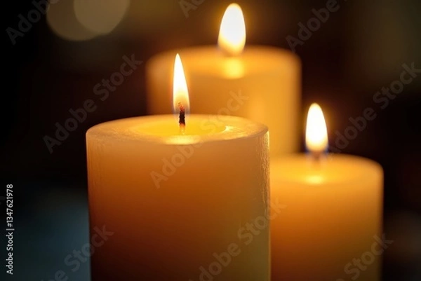 Fototapeta Close-up photography of three candles with soft yellow flames against a dark background capturing a serene still-life scene with rich chiaroscuro and warm golden hues for a meditative ambiance