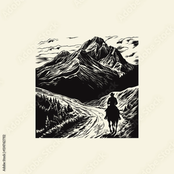 Fototapeta man riding a horse in the mountains design vector template illustration