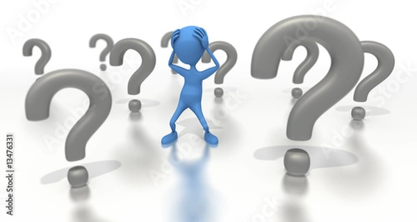 Fototapeta Figure stands among a bunch of question marks