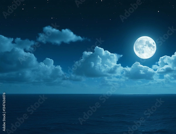 Fototapeta Tranquil Nightscape: Super Moon Glowing Over Sparkling Waves and Cloud Veils