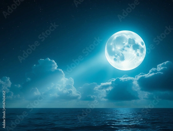 Fototapeta Night’s Embrace: Celestial Harmony of Moon, Stars, and Glimmering Ocean Waves