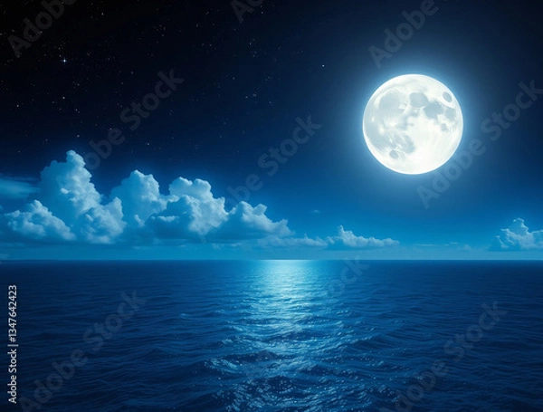 Fototapeta Cosmic Tide: A Full Moon’s Glow Over Velvet Clouds and a Shimmering Midnight Sea