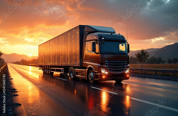 Fototapeta Modern semi-truck on highway during sunset. Transportation, global logistics network, delivery, innovation, warehouse and storage. Efficiency, automation, tracking, and optimization of shipments.