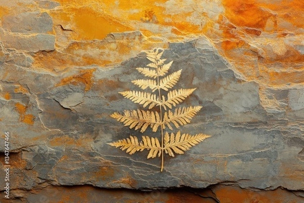 Fototapeta Golden fern fossil imprinted on a textured slate stone with orange and gray hues.