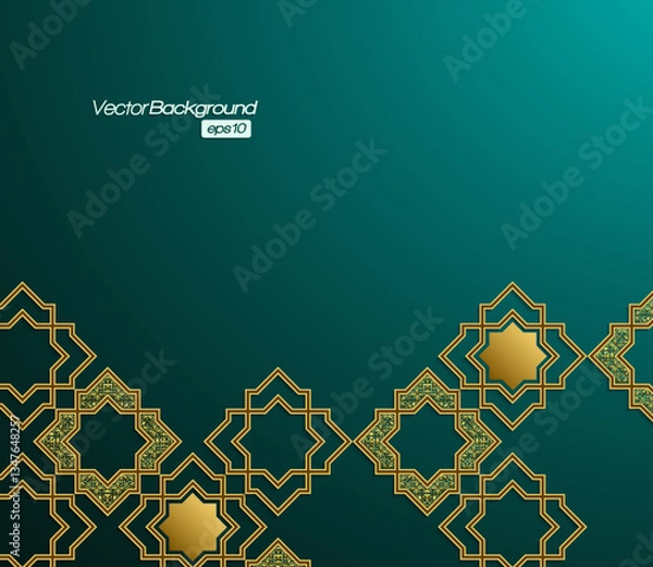 Obraz Elegant Islamic Geometric Design Featuring Golden Patterns on a Green Gradient Background; 3D abstract background with Islamic geometric elements