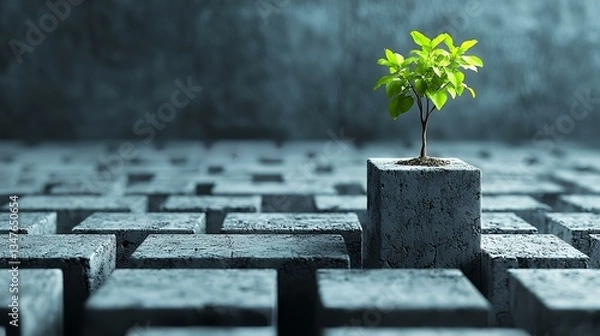 Fototapeta Sapling growing concrete maze; sustainable future; environmental concept; website banner