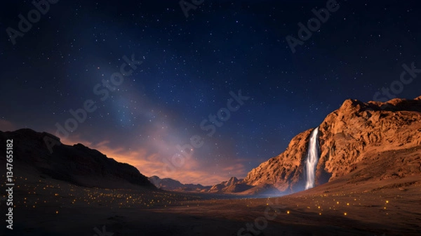 Fototapeta Majestic Waterfall Cascading Down Rocky Canyon Under Starry Night Sky Illuminated With Golden Glow