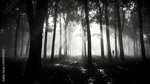 Fototapeta Monochrome Forest Scene With Strong Light Rays Shining Through Trees in Shady Woodland