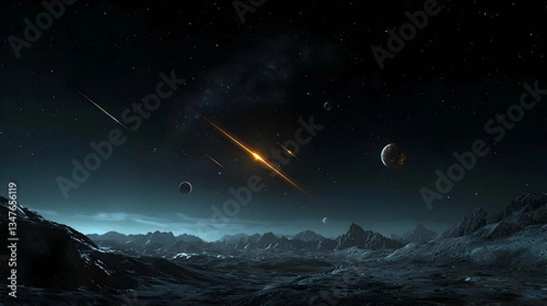 Fototapeta Vast Outer Space Landscape With Glowing Comet And Planets