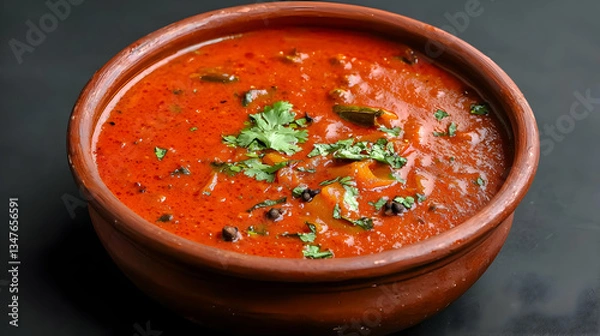 Fototapeta Red Curry Dish In Clay Bowl