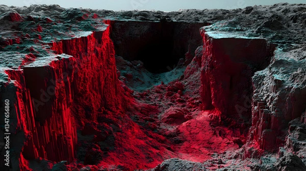 Fototapeta Abstract Digital Landscape Of A Deep Canyon With Red Lit Cliffs And Cube Like Terrain
