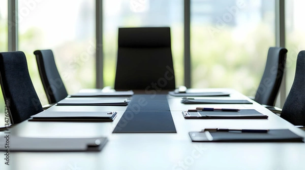Fototapeta Modern Conference Room Interior With Long Table Black Chairs Documents And Blurred Green Background