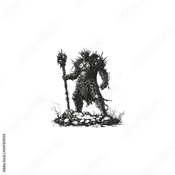 Fototapeta mighty executioner king stands on a rugged rock design vector template illustration