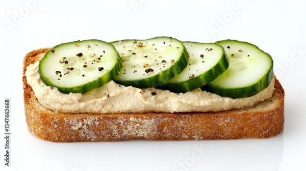 Fototapeta Cucumber slices layering black pepper sprinkled hummus spread across whole wheat toast, presenting fresh, nutritious sandwich style appetizer or quick lunch option