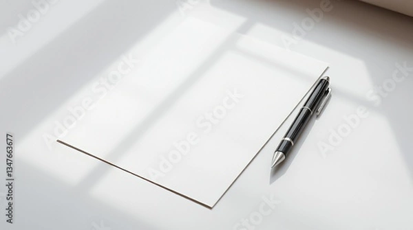 Fototapeta Elegant Festive Letterhead Mockup Featuring a Luxury Black Pen, Blank Paper, and Soft Sunlight Shadows for Invitations, Announcements, and Celebratory Branding Designs