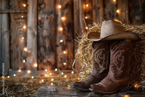Fototapeta western-themed party decor, capturing rustic western charm with cowboy boots, hat, and string lights for your wild west-themed party decorations