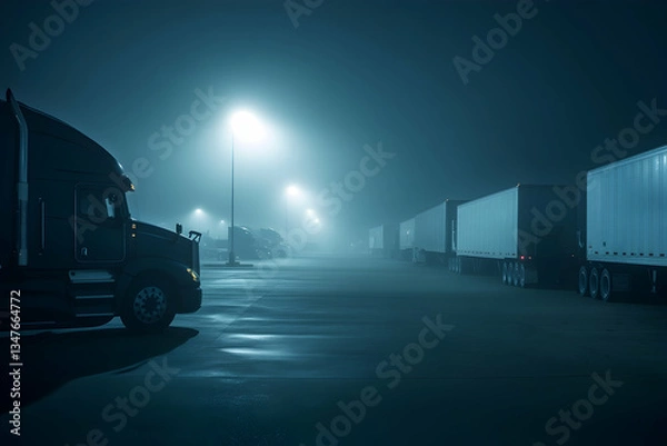 Obraz Trucks parked in a foggy parking lot at night with street lights illuminating