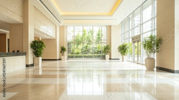 Fototapeta Sunlight pouring through expansive windows, illuminating polished marble flooring and verdant greenery in minimalist hotel reception area, emphasizing modern, airy design