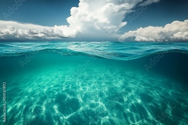 Fototapeta Tranquil ocean surface under bright sky. AI generative