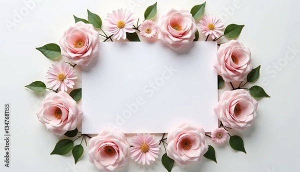 Obraz Floral frame with pink roses and daisies on white background with copy space