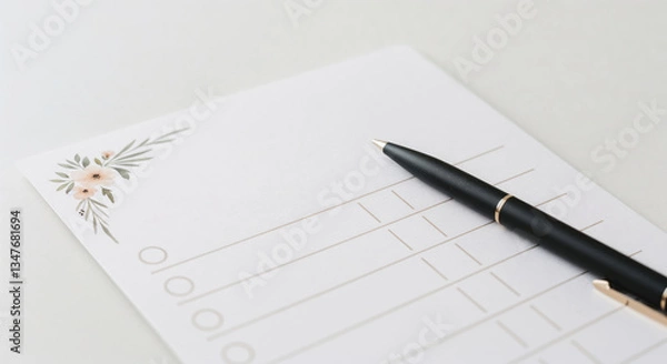 Obraz Elegant wedding checklist with soft floral design and pen for bridal planning