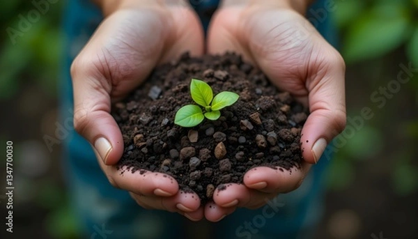 Obraz Cupped hands holding dark soil, symbolizing sustainability and nature care. A minimalist, close-up shot highlighting environmental responsibility and growth.