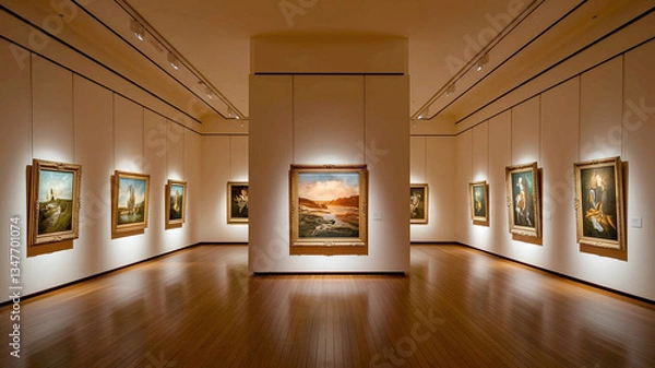 Fototapeta A Warmly Lit Art Gallery Minimalist White Walls Serve as the Perfect Canvas for Showcasing an Array of Stunning Paintings