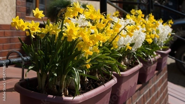 Obraz Bright yellow daffodils and white hyacinths bloom profusely in flowerpots on a city street. Decoration of urban space, modern landscape design