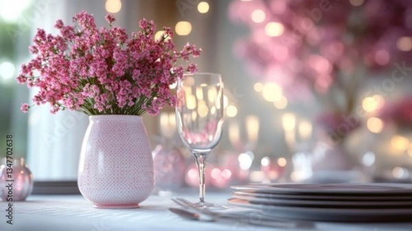 Fototapeta Pink flowers in vase on table with plates and glass