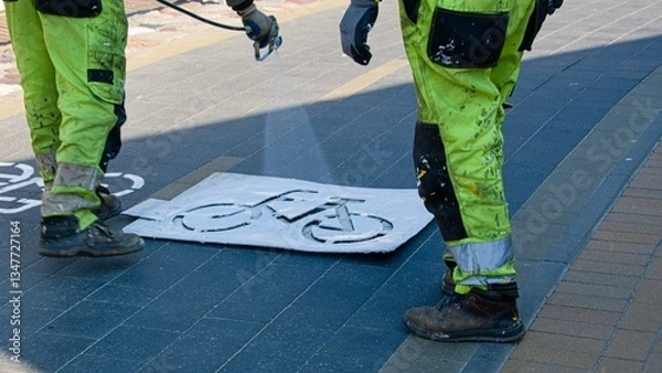 Obraz Workers in paint-stained overalls renew the marking of the bicycle path in the spring with the help of a stencil and a spray bottle