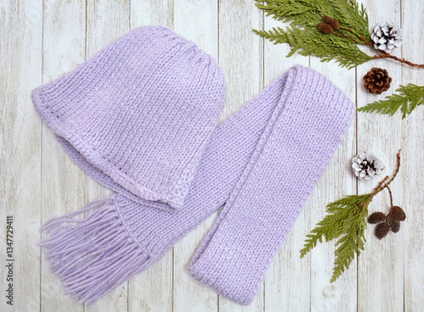 Obraz Hand knitted hat and scarf