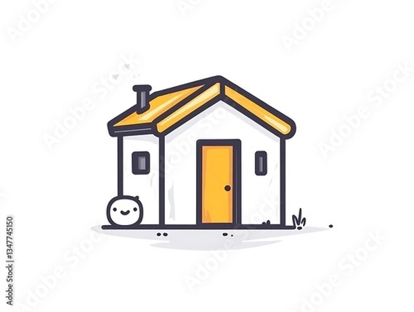 Obraz A cute cartoon house with a smiling figure beside it