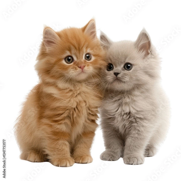 Fototapeta A Fluffy kittens, one orange and one gray, sit close together, exuding cuteness and warmth. Their playful expressions and soft fur create adorable scene that brings joy