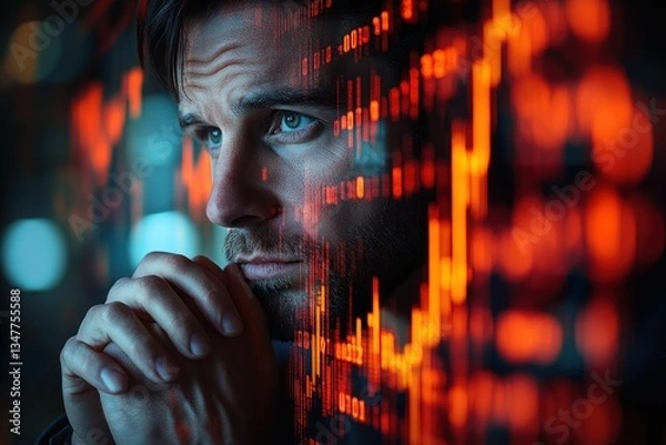 Obraz Man contemplates glowing data screen, pensive expression.