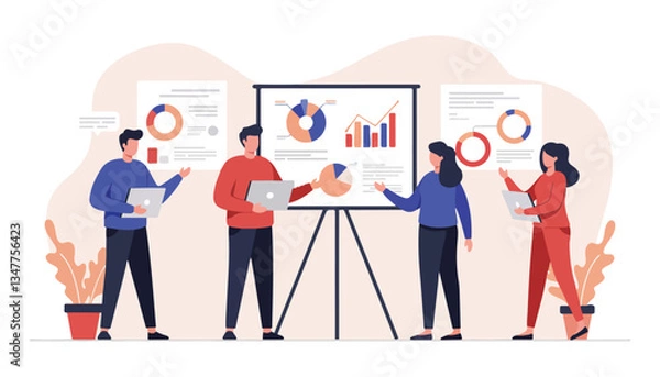 Fototapeta Business Teamwork and Data Analysis Illustration Office Meeting, Analytics, Growth Strategy.