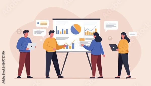 Obraz Business Teamwork and Data Analysis Illustration Office Meeting, Analytics, Growth Strategy.