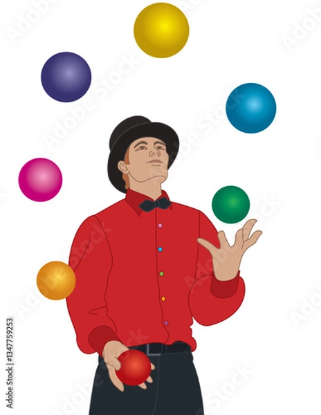 Fototapeta male juggler and entertainer juggling colorful balls isolated on a white background