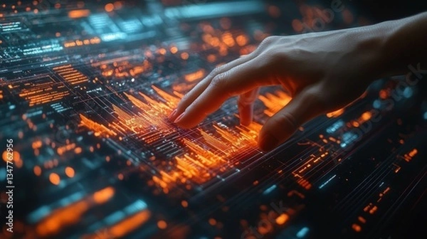 Fototapeta Fingertip interacts with glowing digital data stream.