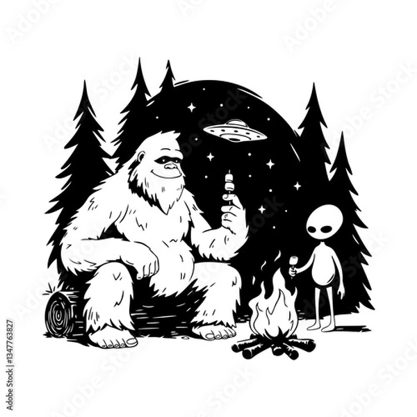 Fototapeta Bigfoot and Alien with marshmallow. In a mysterious night forest, a yeti and an alien enjoy a cozy fire. Vector illustration