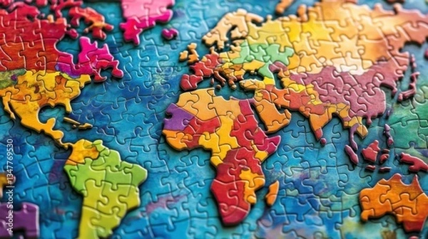 Fototapeta A close-up of colorful puzzle pieces fitting together to form a world map, with vibrant colors representing different continents and countries, creating an engaging and educational visual.