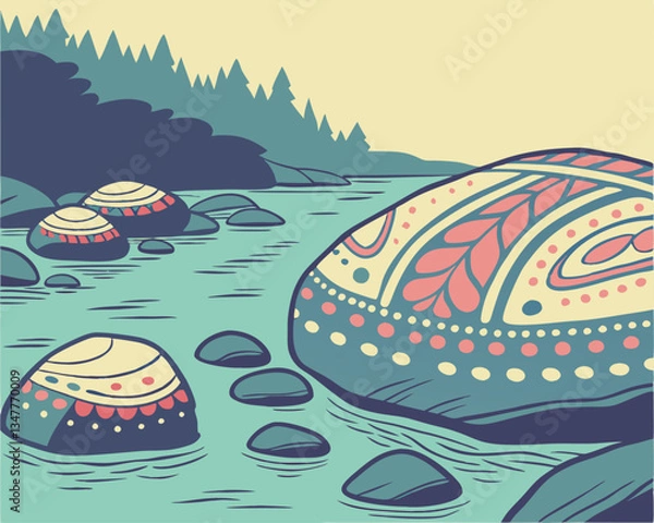 Fototapeta Mesmerizing in its play of light and texture, submerged river rocks reveal intricate patterns and vibrant colors that captivate senses 