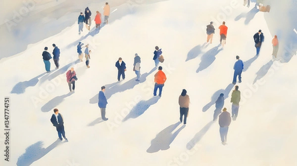 Fototapeta A watercolor painting featuring a group of people seen from above, scattered across a vast, light-colored background