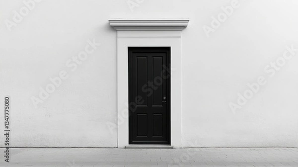 Fototapeta A minimalist, high-contrast image of a black door icon centered on a smooth grey backdrop, with clean lines and sharp edges, creating a simple yet striking visual.